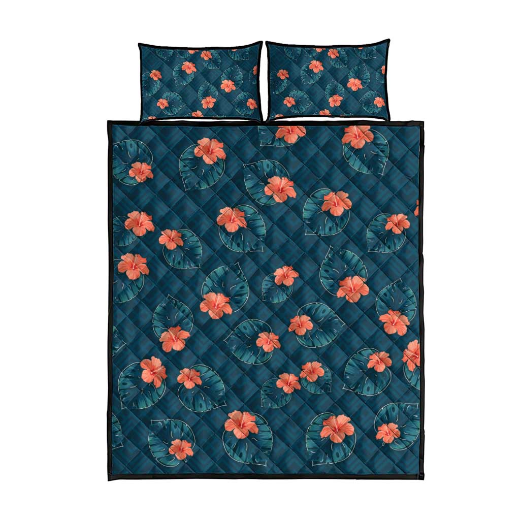 Hawaii Monstera Quilt Bed Set Hibiscus Flowers Simple Style - Polynesian Pride