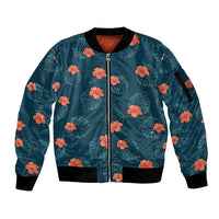 Hawaii Monstera Sleeve Zip Bomber Jacket Hibiscus Flowers Simple Style DT05 Unisex Dark Teal - Polynesian Pride