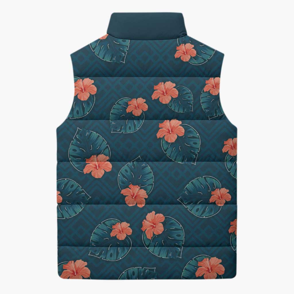 Hawaii Monstera Sleeveless Puffer Jacket Hibiscus Flowers Simple Style DT05 - Polynesian Pride