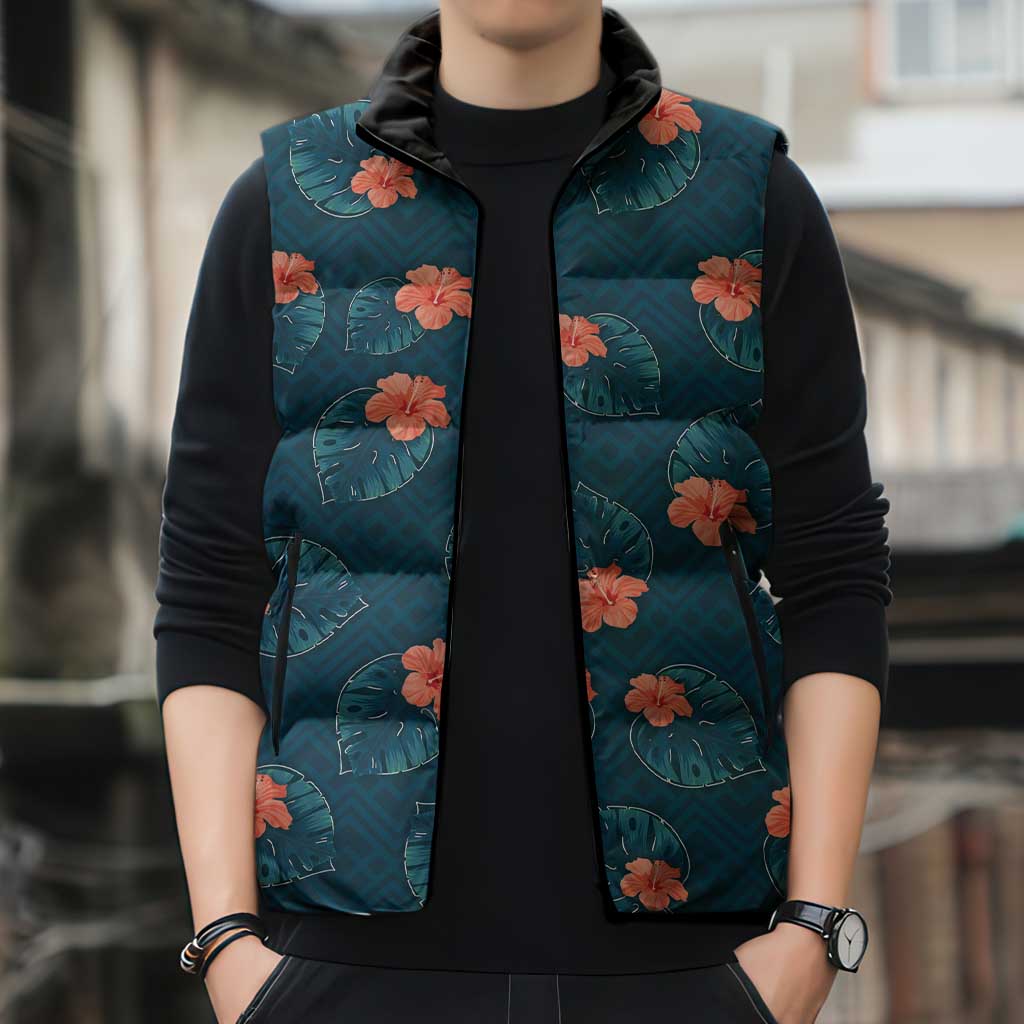 Hawaii Monstera Sleeveless Puffer Jacket Hibiscus Flowers Simple Style DT05 - Polynesian Pride