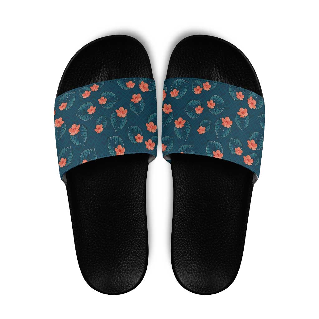 Hawaii Monstera Slide Sandals Hibiscus Flowers Simple Style DT05 Dark Teal - Polynesian Pride