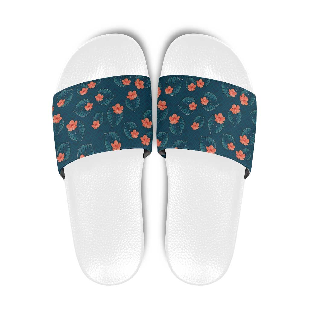 Hawaii Monstera Slide Sandals Hibiscus Flowers Simple Style DT05 Dark Teal - Polynesian Pride