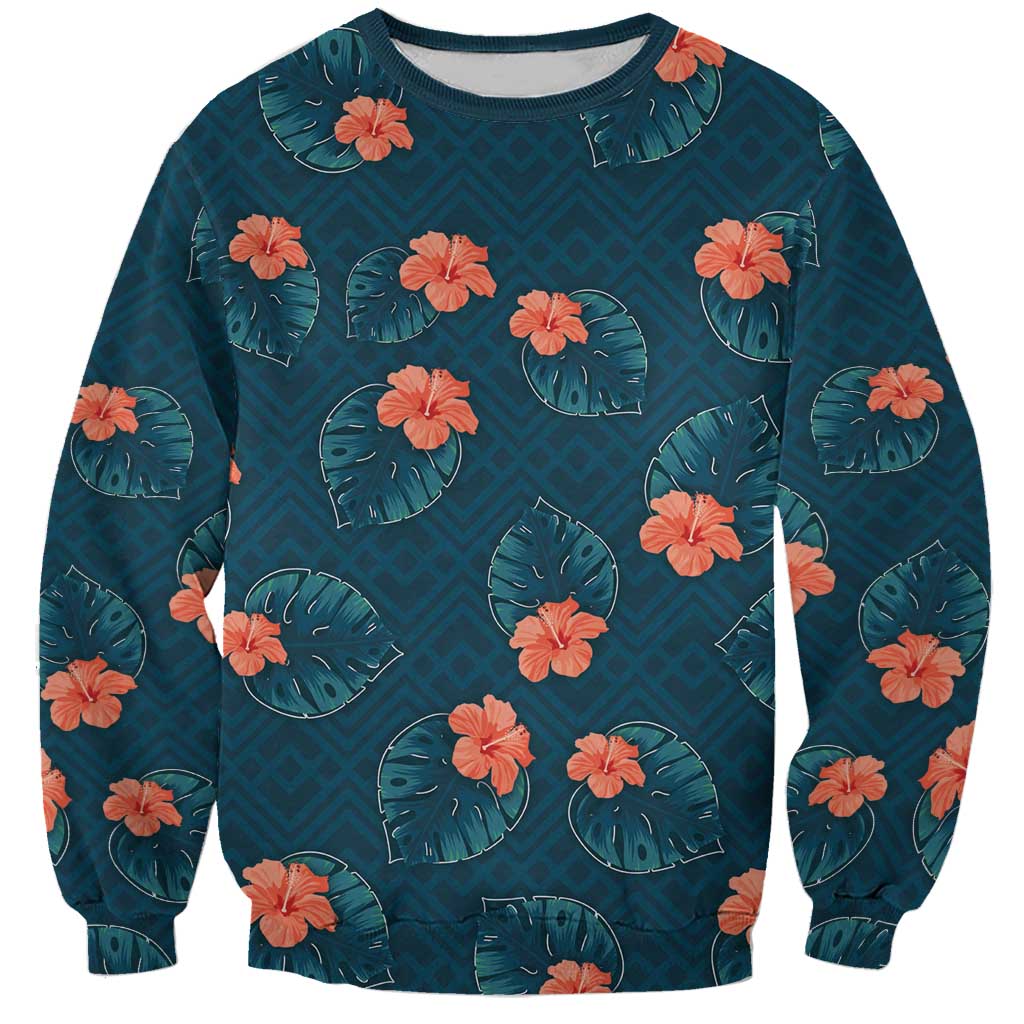 Hawaii Monstera Sweatshirt Hibiscus Flowers Simple Style DT05 Unisex Dark Teal - Polynesian Pride
