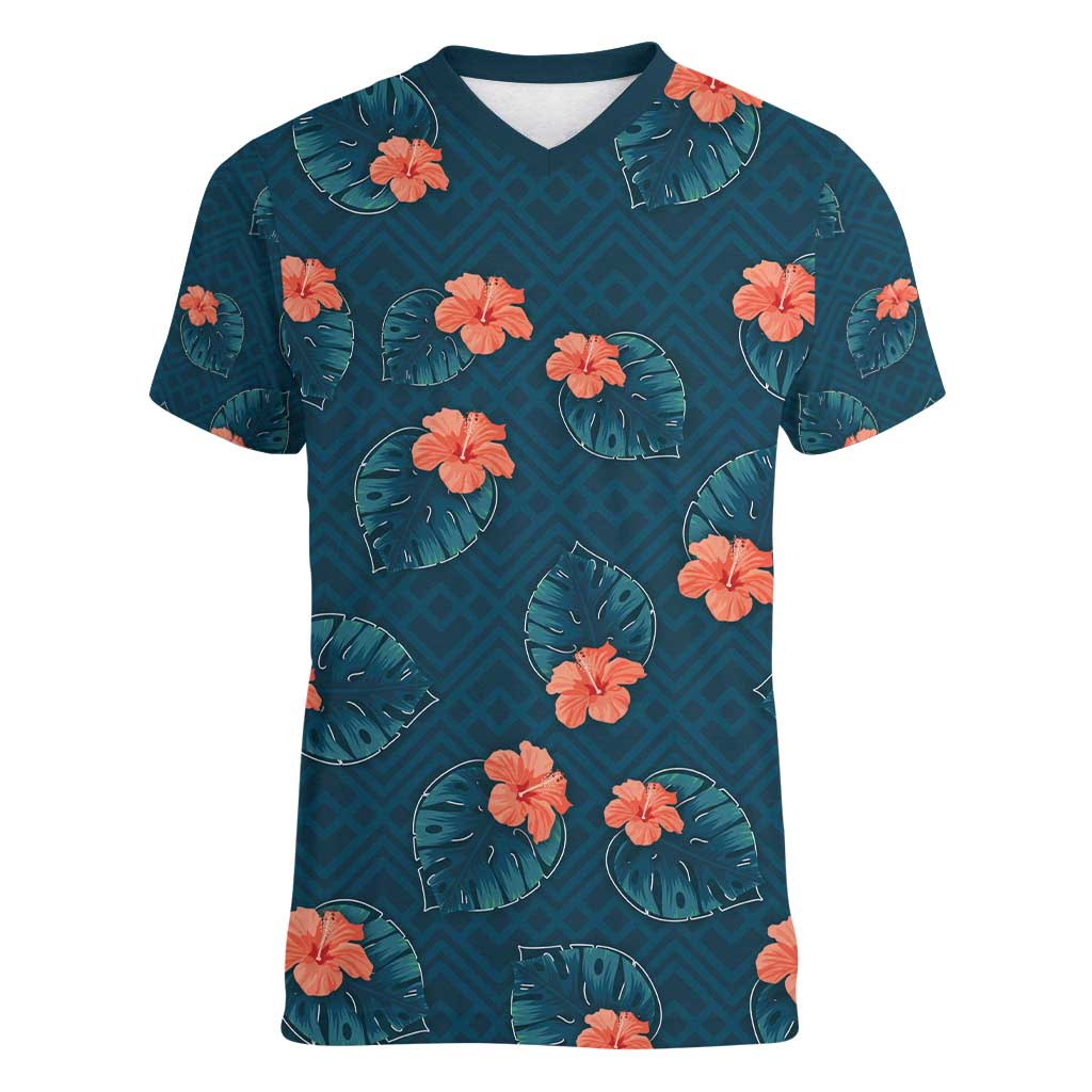 Hawaii Monstera Women V-Neck T-Shirt Hibiscus Flowers Simple Style DT05 Female Dark Teal - Polynesian Pride