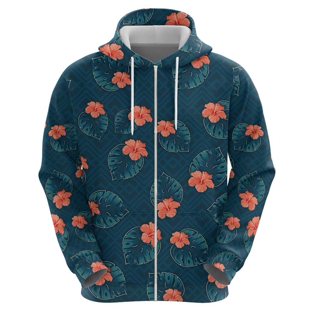 Hawaii Monstera Zip Hoodie Hibiscus Flowers Simple Style - Polynesian Pride