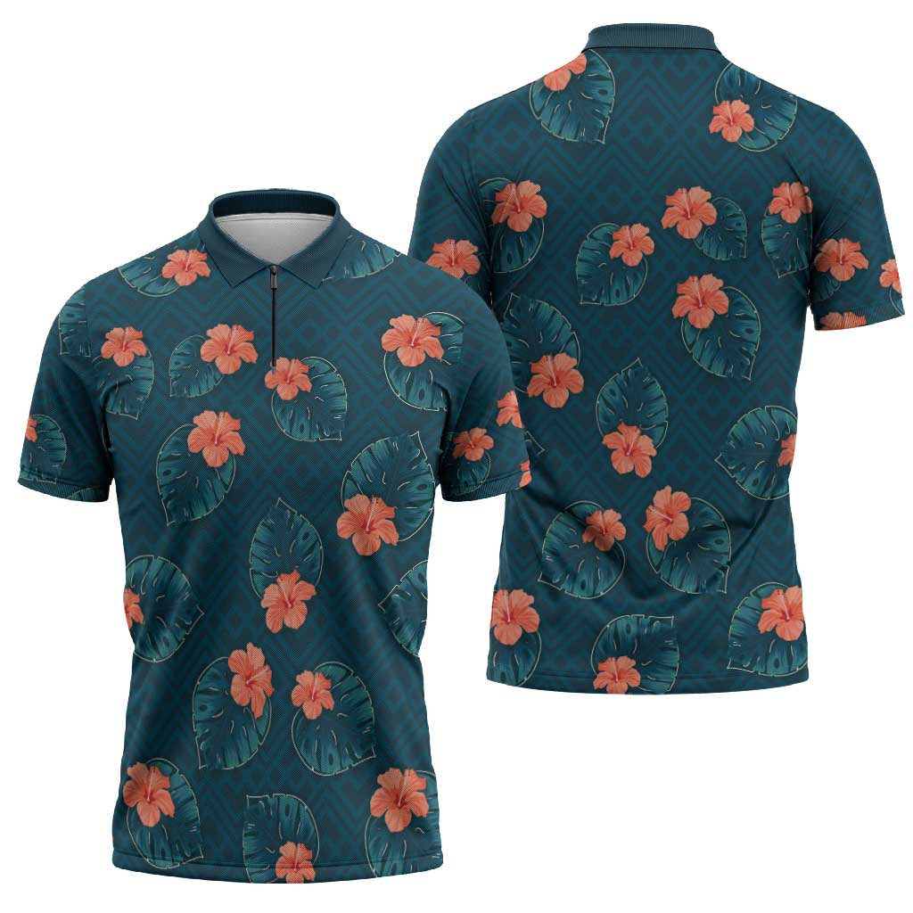 Hawaii Monstera Zipper Polo Shirt Hibiscus Flowers Simple Style - Polynesian Pride