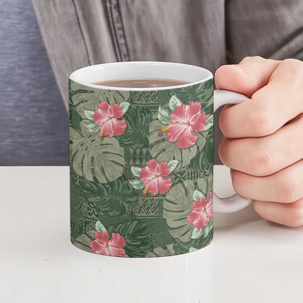 Hawaii Ceramic Mug Green Polynesian Monstera Patterns - Polynesian Pride