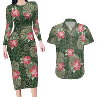 Hawaii Couples Matching Long Sleeve Bodycon Dress and Hawaiian Shirt Green Polynesian Monstera Patterns - Polynesian Pride