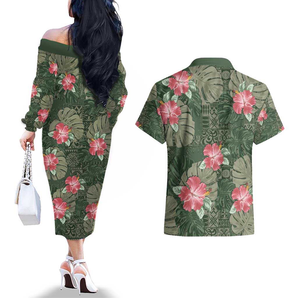 Hawaii Couples Matching Off The Shoulder Long Sleeve Dress and Hawaiian Shirt Green Polynesian Monstera Patterns - Polynesian Pride