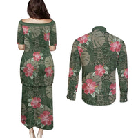 Hawaii Couples Matching Puletasi and Long Sleeve Button Shirt Green Polynesian Monstera Patterns DT05 - Polynesian Pride