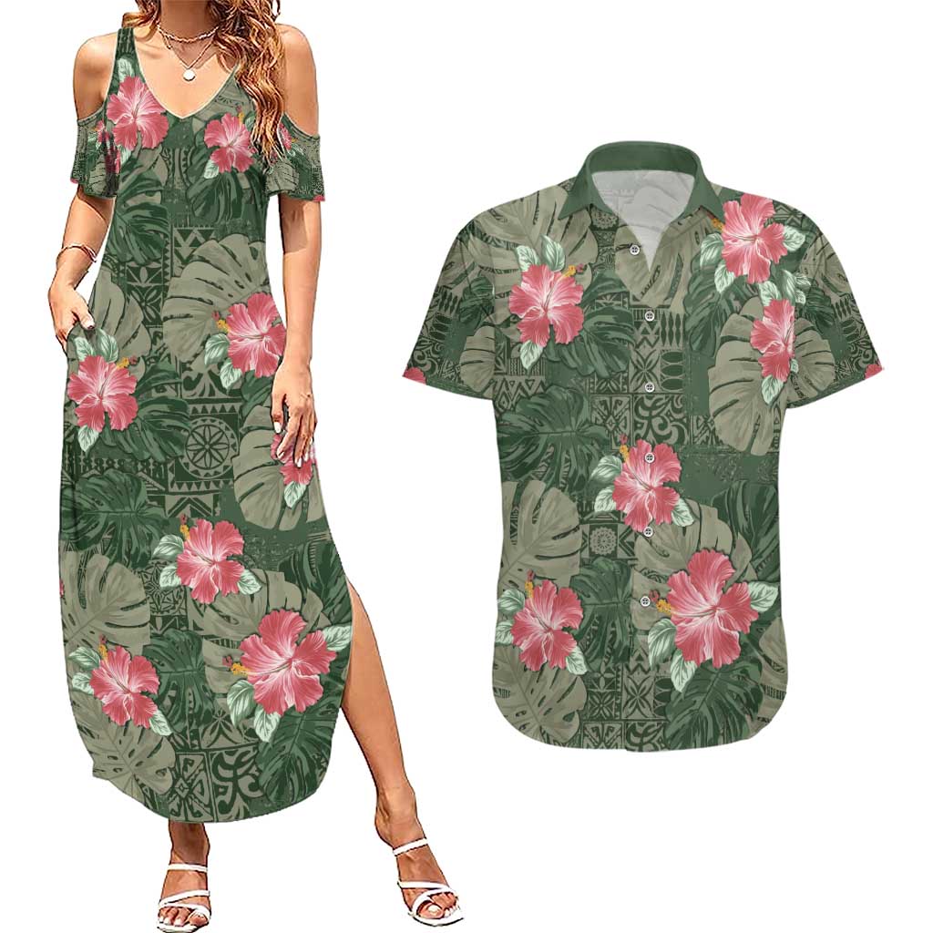 Hawaii Couples Matching Summer Maxi Dress and Hawaiian Shirt Green Polynesian Monstera Patterns - Polynesian Pride