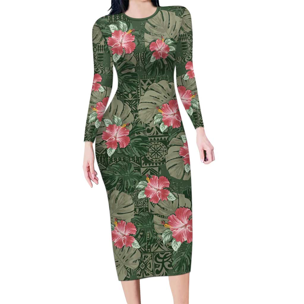 Hawaii Family Matching Long Sleeve Bodycon Dress and Hawaiian Shirt Green Polynesian Monstera Patterns - Polynesian Pride