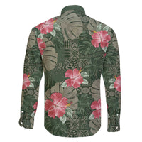 Hawaii Family Matching Off The Shoulder Long Sleeve Dress and Hawaiian Shirt Green Polynesian Monstera Patterns - Polynesian Pride