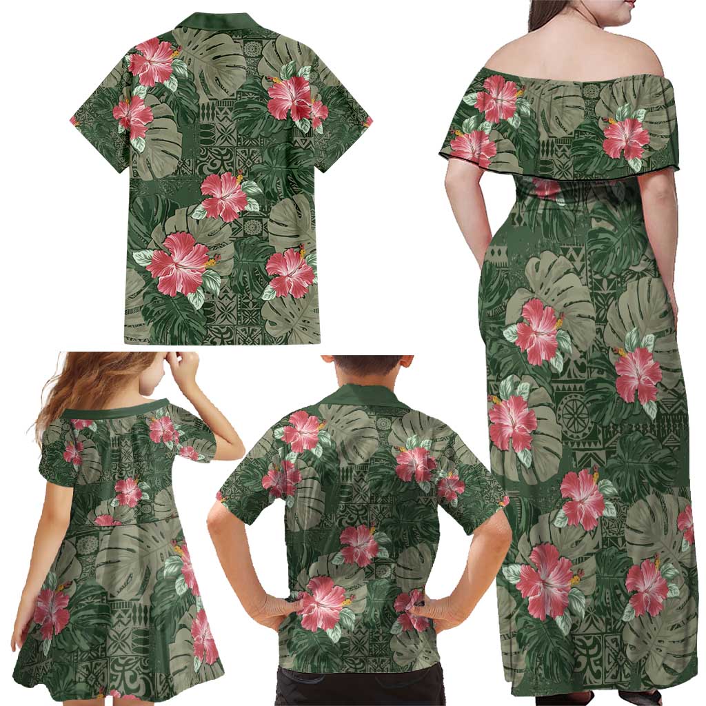 Hawaii Family Matching Off Shoulder Maxi Dress and Hawaiian Shirt Green Polynesian Monstera Patterns - Polynesian Pride