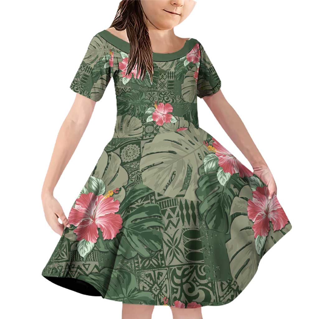 Hawaii Family Matching Off Shoulder Short Dress and Hawaiian Shirt Green Polynesian Monstera Patterns - Polynesian Pride