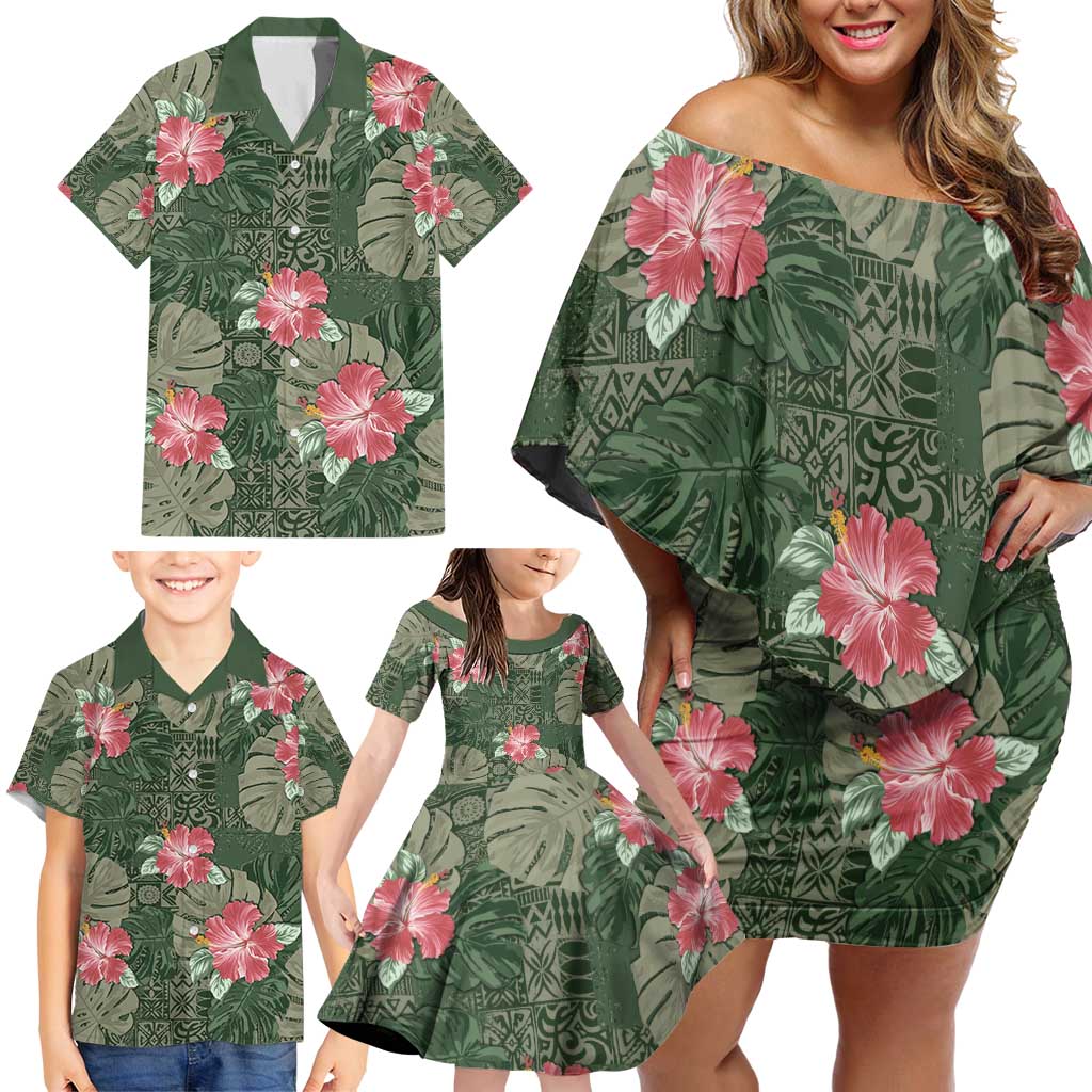 Hawaii Family Matching Off Shoulder Short Dress and Hawaiian Shirt Green Polynesian Monstera Patterns - Polynesian Pride
