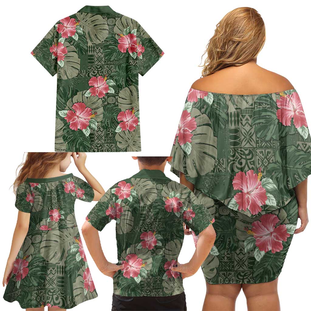 Hawaii Family Matching Off Shoulder Short Dress and Hawaiian Shirt Green Polynesian Monstera Patterns - Polynesian Pride