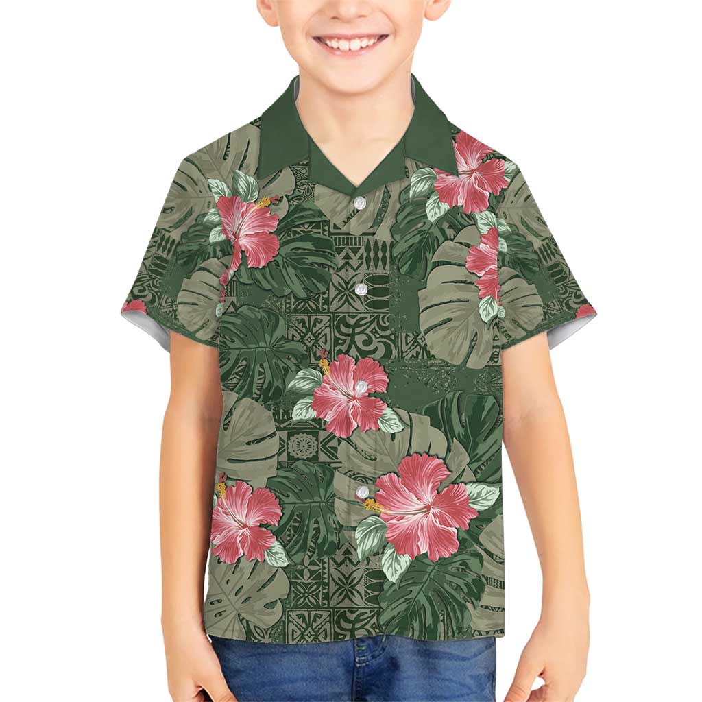 Hawaii Family Matching Off Shoulder Short Dress and Hawaiian Shirt Green Polynesian Monstera Patterns - Polynesian Pride