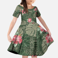 Hawaii Family Matching Short Sleeve Bodycon Dress and Hawaiian Shirt Green Polynesian Monstera Patterns - Polynesian Pride