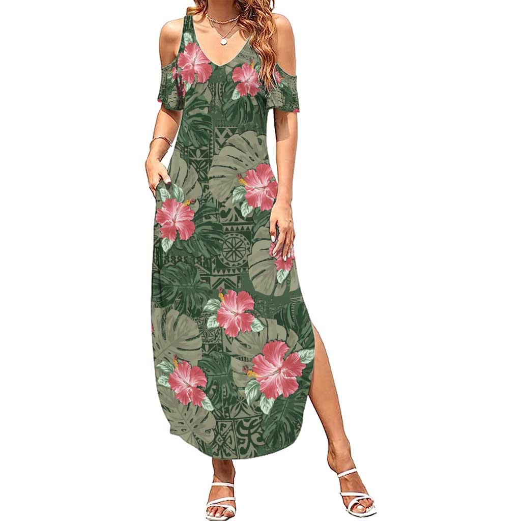 Hawaii Family Matching Summer Maxi Dress and Hawaiian Shirt Green Polynesian Monstera Patterns - Polynesian Pride