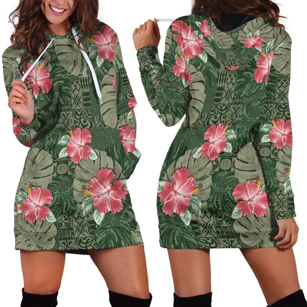 Hawaii Hoodie Dress Green Polynesian Monstera Patterns - Polynesian Pride