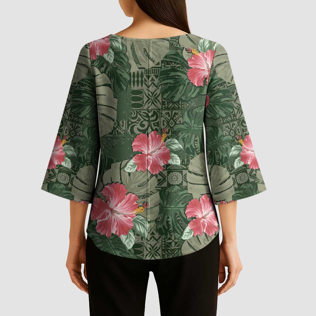 Hawaii Kimono Sleeve Blouse Green Polynesian Monstera Patterns - Polynesian Pride