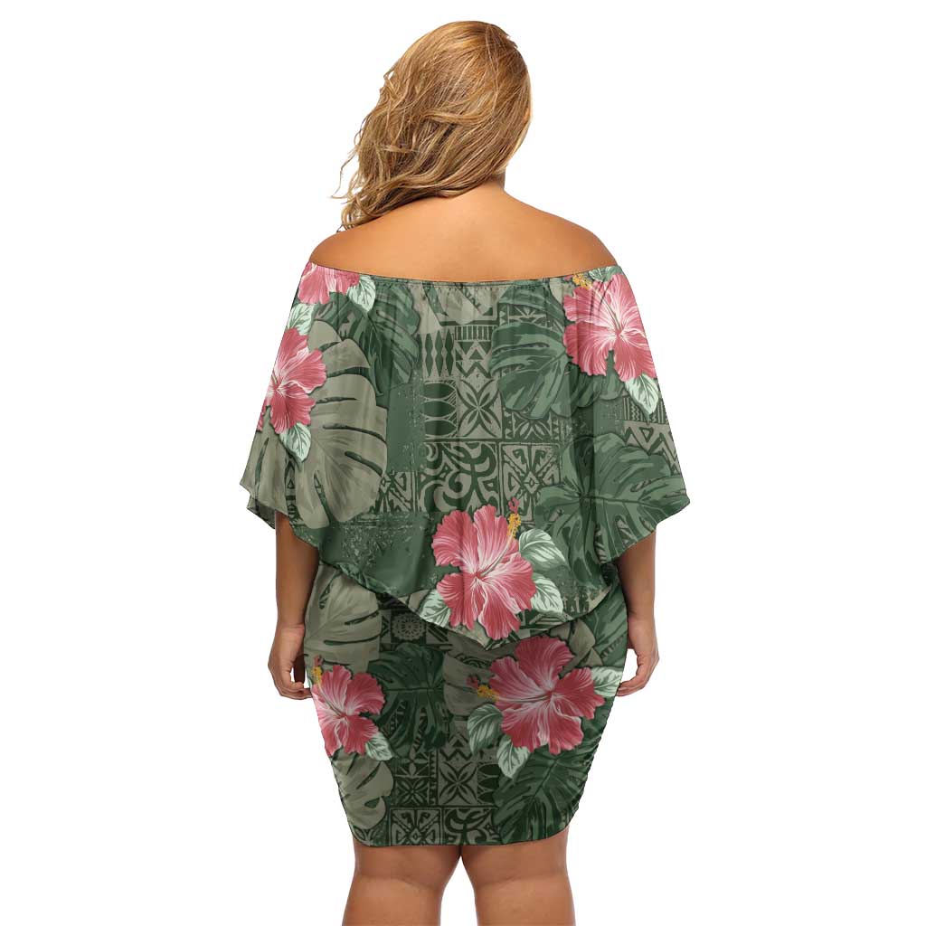 Hawaii Off Shoulder Short Dress Green Polynesian Monstera Patterns - Polynesian Pride