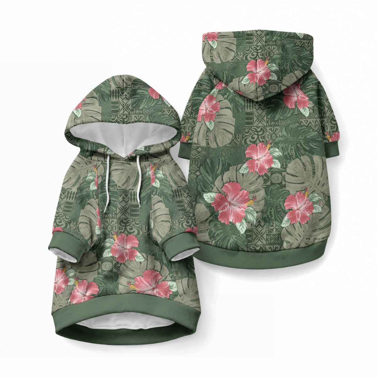 Hawaii Pet Hoodie Green Polynesian Monstera Patterns