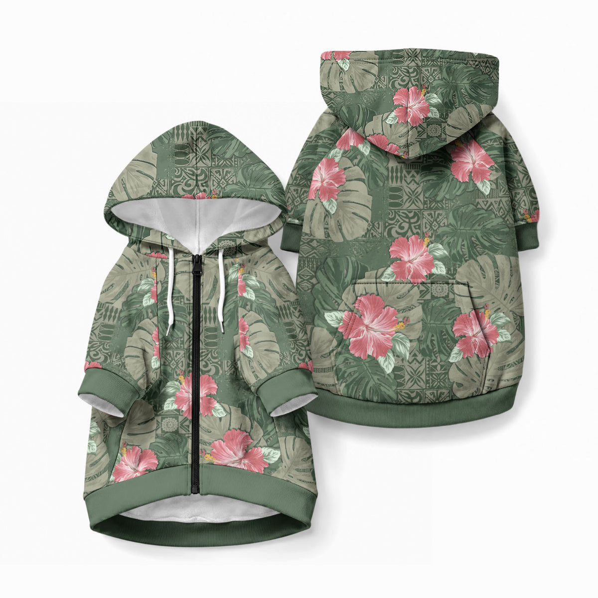 Hawaii Pet Hoodie Green Polynesian Monstera Patterns