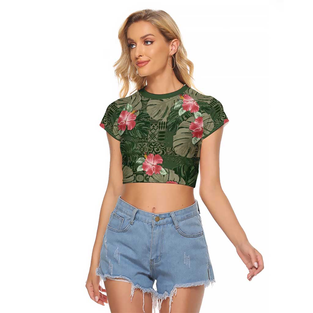 Hawaii Raglan Cropped T Shirt Green Polynesian Monstera Patterns - Polynesian Pride