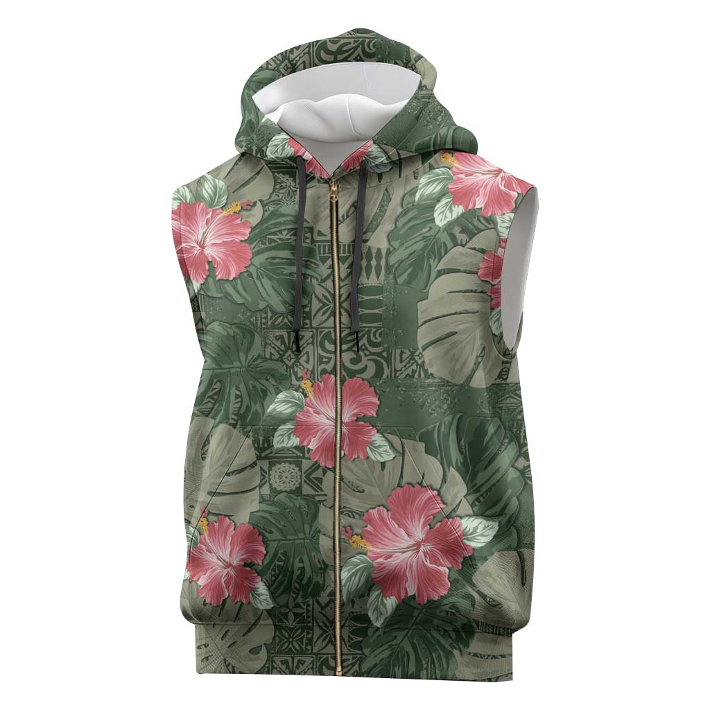 Hawaii Sleeveless Zip Hoodie Green Polynesian Monstera Patterns - Polynesian Pride