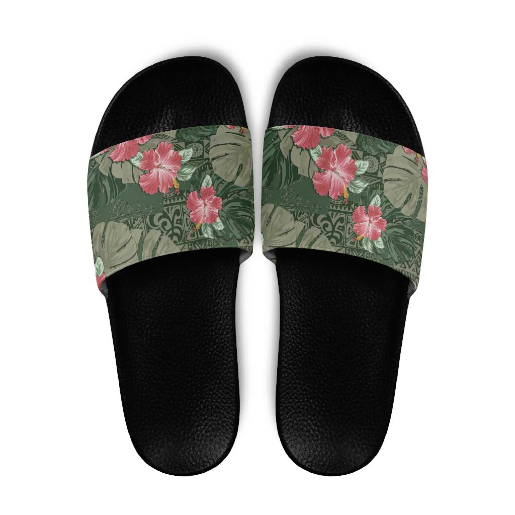 Hawaii Slide Sandals Green Polynesian Monstera Patterns - Polynesian Pride