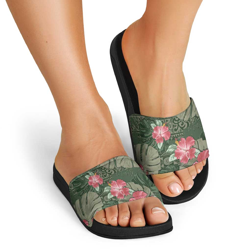 Hawaii Slide Sandals Green Polynesian Monstera Patterns - Polynesian Pride