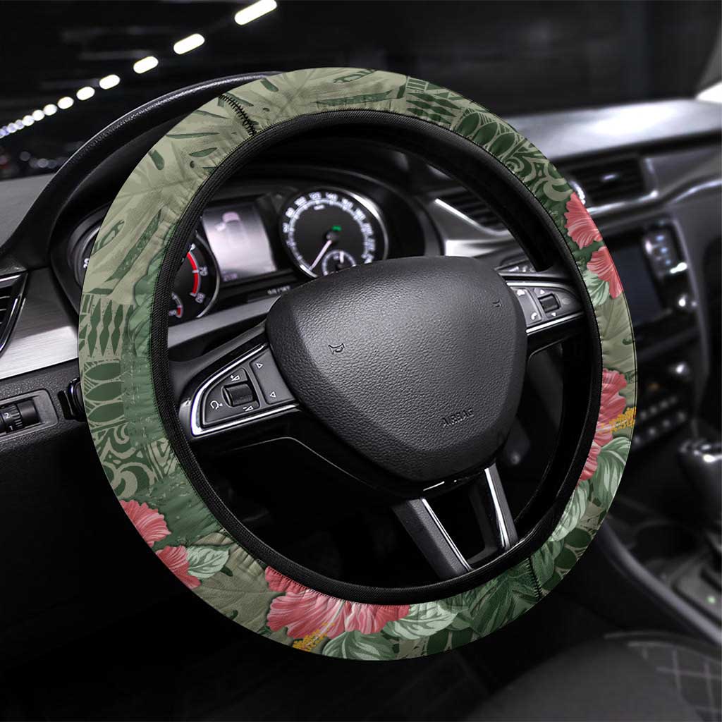 Hawaii Steering Wheel Cover Green Polynesian Monstera Patterns - Polynesian Pride