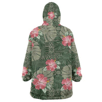 Hawaii Wearable Blanket Hoodie Green Polynesian Monstera Patterns - Polynesian Pride