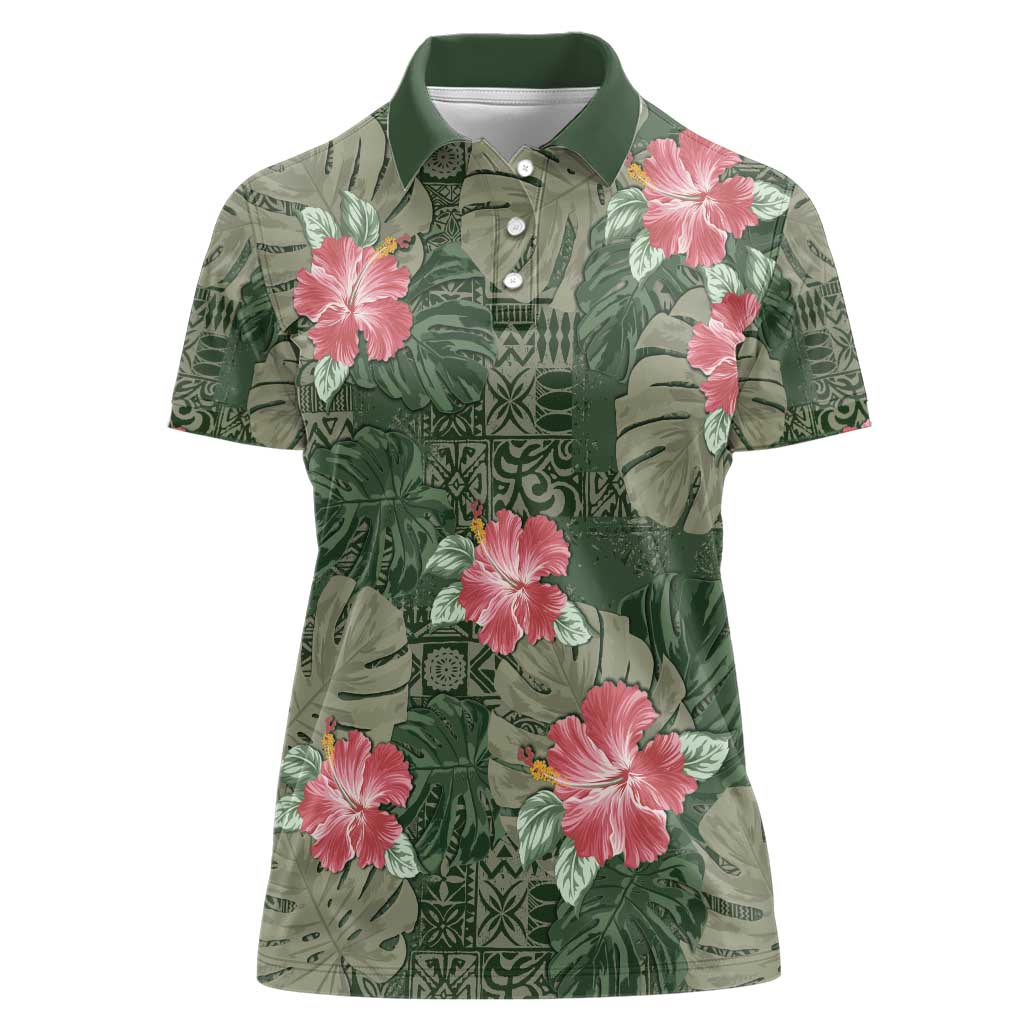 Hawaii Women Polo Shirt Green Polynesian Monstera Patterns - Polynesian Pride