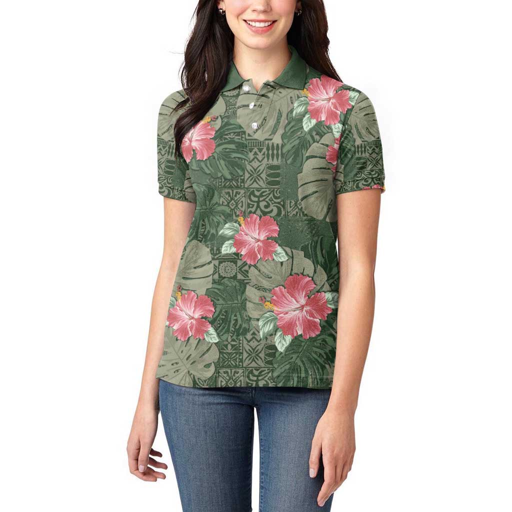 Hawaii Women Polo Shirt Green Polynesian Monstera Patterns - Polynesian Pride