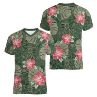 Hawaii Women V-Neck T-Shirt Green Polynesian Monstera Patterns - Polynesian Pride