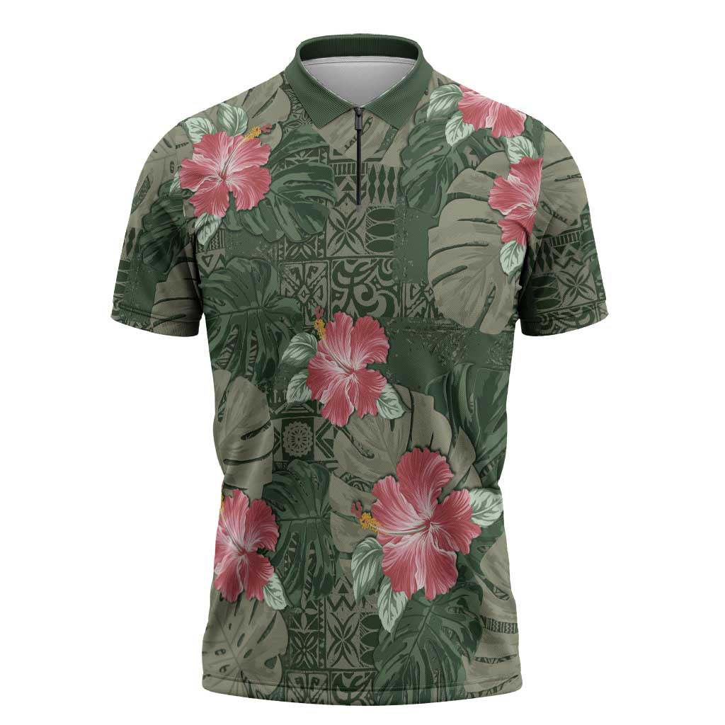 Hawaii Zipper Polo Shirt Green Polynesian Monstera Patterns - Polynesian Pride