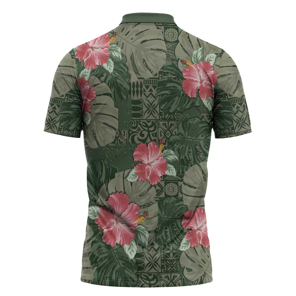 Hawaii Zipper Polo Shirt Green Polynesian Monstera Patterns - Polynesian Pride