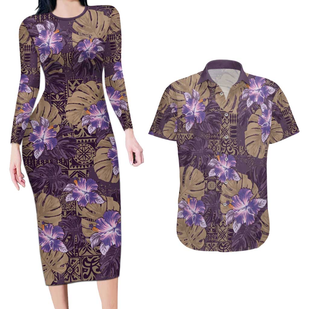Hawaii Couples Matching Long Sleeve Bodycon Dress and Hawaiian Shirt Purple Polynesian Monstera Patterns - Polynesian Pride
