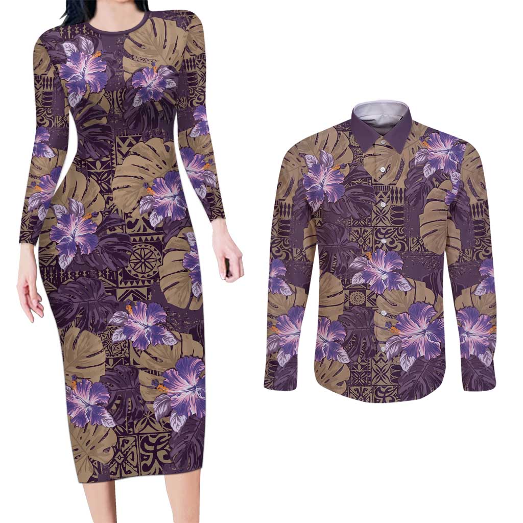 Hawaii Couples Matching Long Sleeve Bodycon Dress and Long Sleeve Button Shirt Purple Polynesian Monstera Patterns - Polynesian Pride