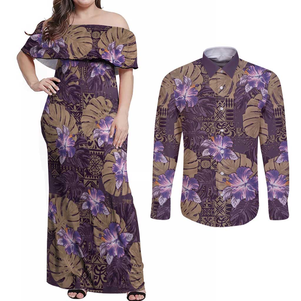 Hawaii Couples Matching Off Shoulder Maxi Dress and Long Sleeve Button Shirt Purple Polynesian Monstera Patterns - Polynesian Pride