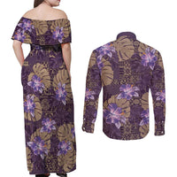 Hawaii Couples Matching Off Shoulder Maxi Dress and Long Sleeve Button Shirt Purple Polynesian Monstera Patterns - Polynesian Pride