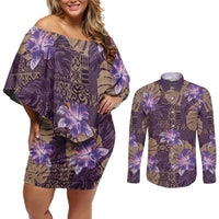 Hawaii Couples Matching Off Shoulder Short Dress and Long Sleeve Button Shirt Purple Polynesian Monstera Patterns - Polynesian Pride