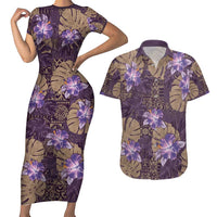 Hawaii Couples Matching Short Sleeve Bodycon Dress and Hawaiian Shirt Purple Polynesian Monstera Patterns - Polynesian Pride