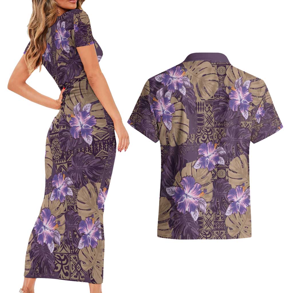 Hawaii Couples Matching Short Sleeve Bodycon Dress and Hawaiian Shirt Purple Polynesian Monstera Patterns - Polynesian Pride