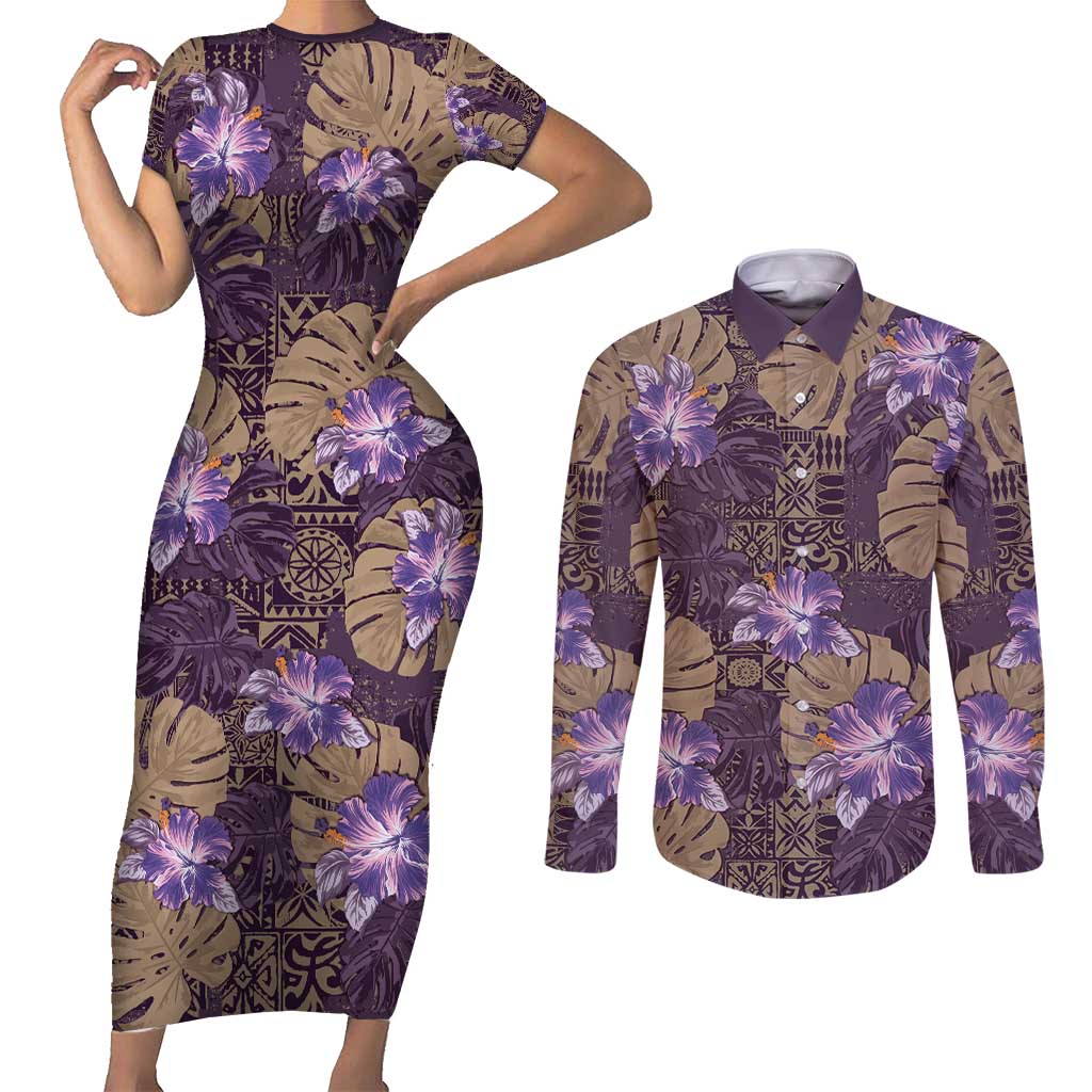 Hawaii Couples Matching Short Sleeve Bodycon Dress and Long Sleeve Button Shirt Purple Polynesian Monstera Patterns - Polynesian Pride
