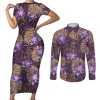 Hawaii Couples Matching Short Sleeve Bodycon Dress and Long Sleeve Button Shirt Purple Polynesian Monstera Patterns - Polynesian Pride