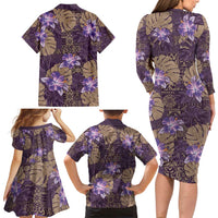 Hawaii Family Matching Long Sleeve Bodycon Dress and Hawaiian Shirt Purple Polynesian Monstera Patterns - Polynesian Pride